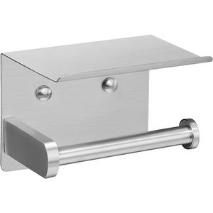 VAEHOLD Self Adhesive Toilet Paper Holder with Phone Shelf SUS304 Stainless Steel Wall Mounted Toilet Paper Roll Holder - Rustproof and Bathroom Washroom Tissue Roll Holder with Storage Shelf - Silver