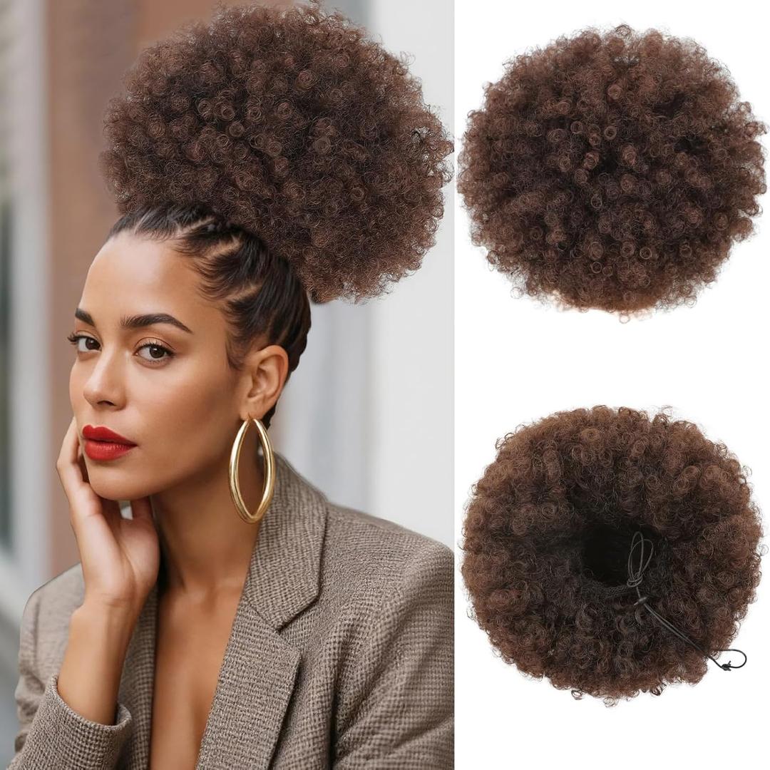 Extra Large Afro Puff Drawstring Ponytail Extension for Black Women, Brown Afro Ponytail Synthetic Hair Puffs,Clip On Kinky Drawstring Curly Ponytail Bun(Extra Large, 2-33#)