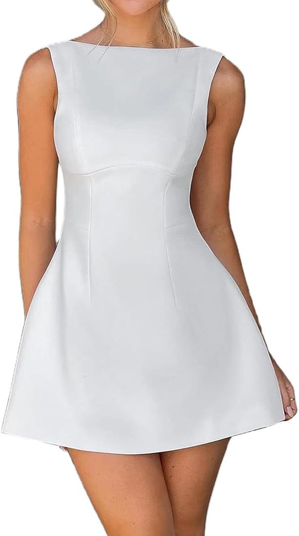ABYOVRT Women Sexy Backless Mini Dress Sleeveless Open Back A Line Tank Dress Formal College Graduation Dress (White, L)