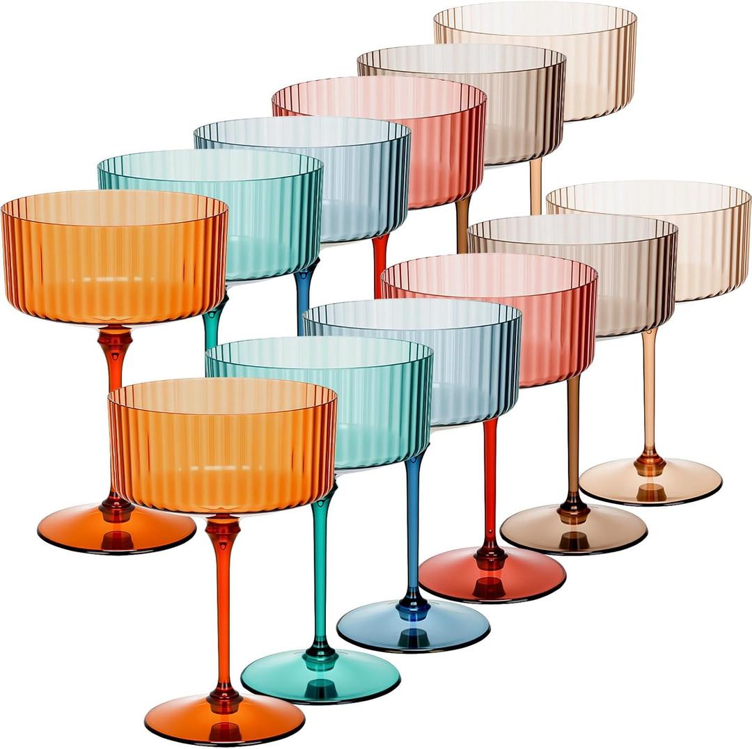 Jingmore 11 Pcs Ribbed Martini Glasses 10 oz Disposable Plastic Vintage Ribbed Coupe Glasses Unbreakable Dessert Parfait Glassware for Wedding Birthday Party Supplies (Classic Color)