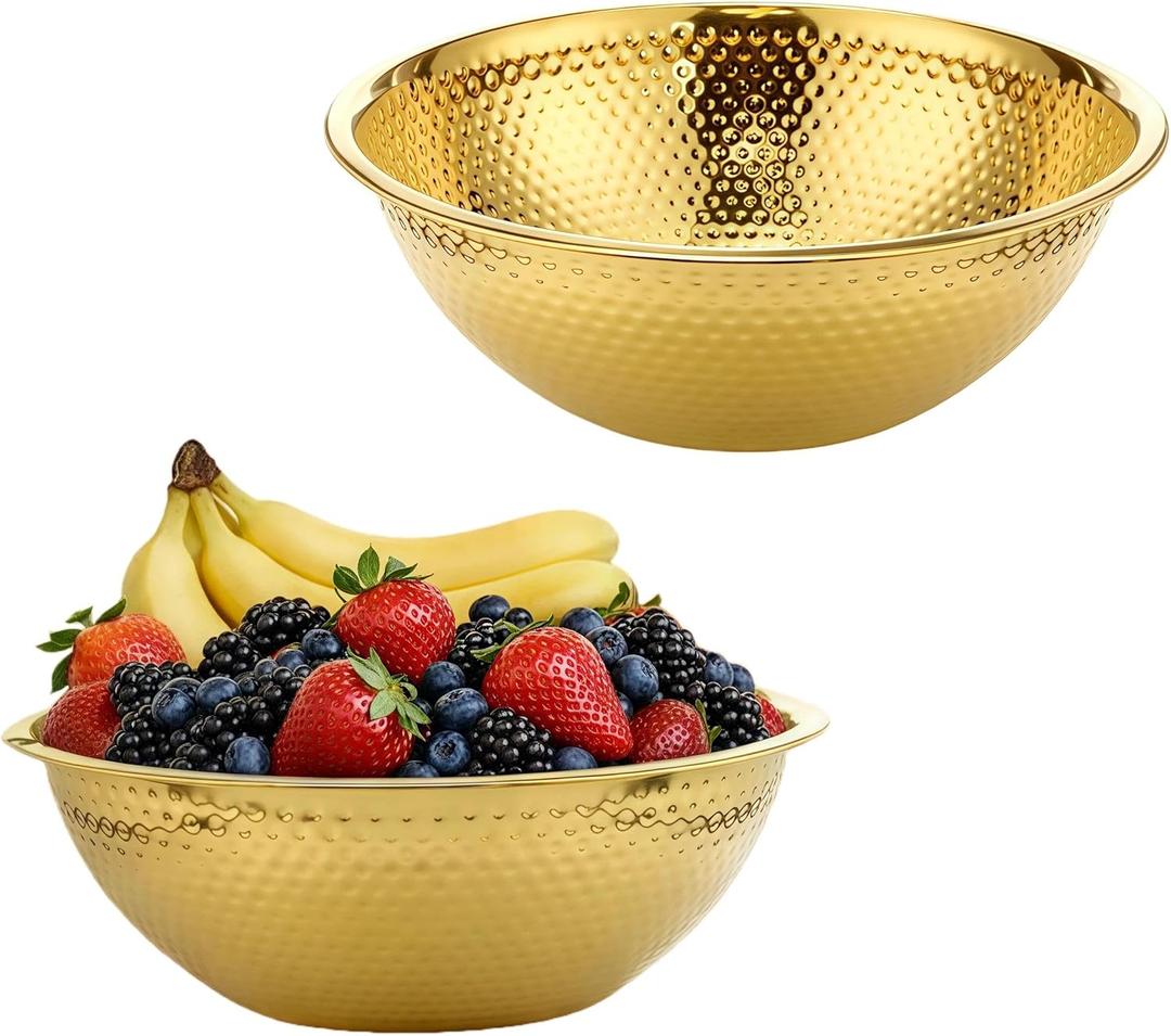 2 Pack 13 Inch Hammered Gold Salad Bowl Golden Serving Bowls Large Gold Bowl Stainless Steel Serving Mixing Bowl 4.3 Inch Deep Easy Clean for Salad Fruit Soup Snacks Dessert Party Buffet Gift