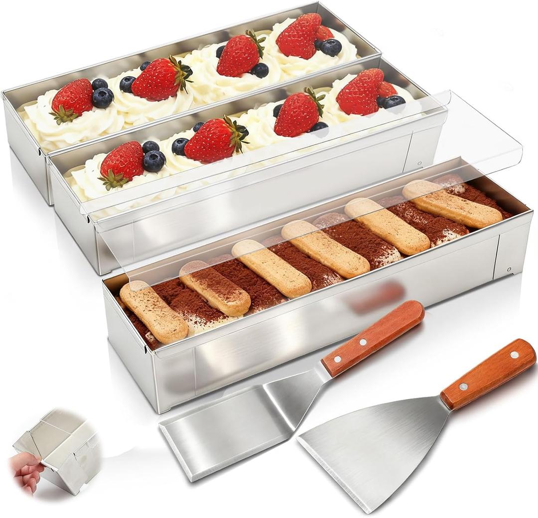 Blushtier 3 Pc Nonstick Rectangle Tiramisu Cake Pan with Acrylic Lid and 2 Metal Spatula Removable Frame 304 Stainless Steel Cake Baking Molds for Tiramisu Cheesecake Mousse (11.81 x 3.94 x 2.56 Inch)