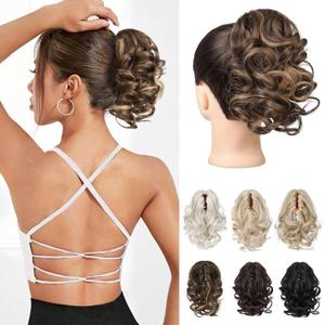 REECHO Ponytail Extension, 9" Claw Clip in Short Curly Wavy Pony Hair Extension Jaw Clip on Pony Tail HP001 Hairpiece for Women - Chestnut Brown with Golden Highlights
