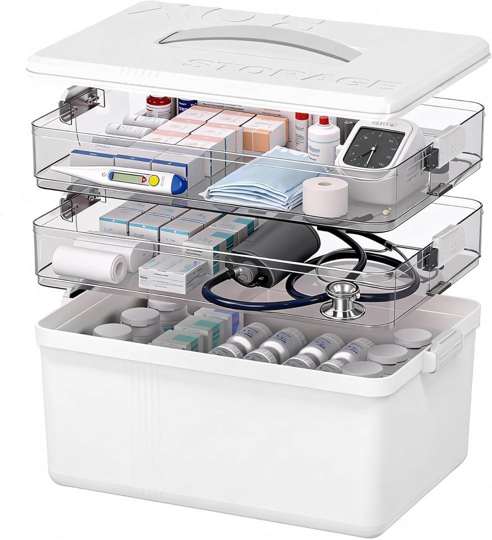 Citylife 3-Tier Medicine Cabinet Organizer,Medicine Cabinet First Aid Kit with Handle,Portable Multi-Purpose Storage Box Suitable for Family Emergency, Home, Travel, White