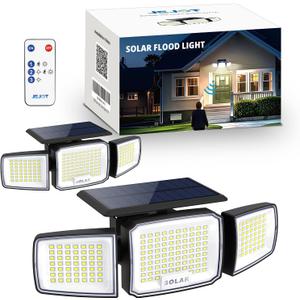 Solar Security Light Outdoor Super Bright LED w/Remote Control, Radar Motion Sensor Flood Light, 3 Heads 270 Wide Angle, IP65 Waterproof, 3 Modes (2 Packs)