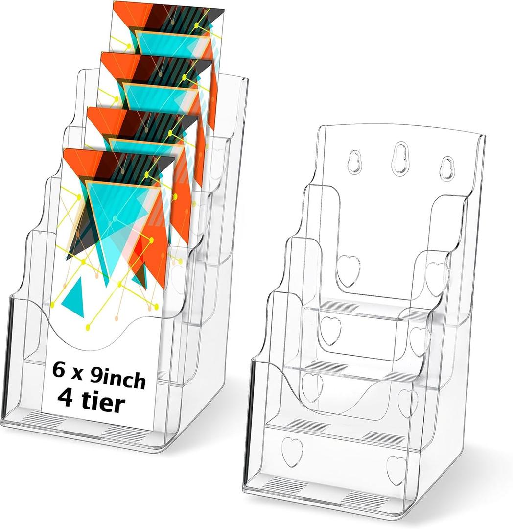 Crtiin 2 Pack 4 Tier Acrylic Brochure Holder Display Stand 6 x 9 Inch, Pamphlet Organizer Flyer Literature Clear Plastic Wall Mount Countertop for Classroom Booklets Magazines Office Home