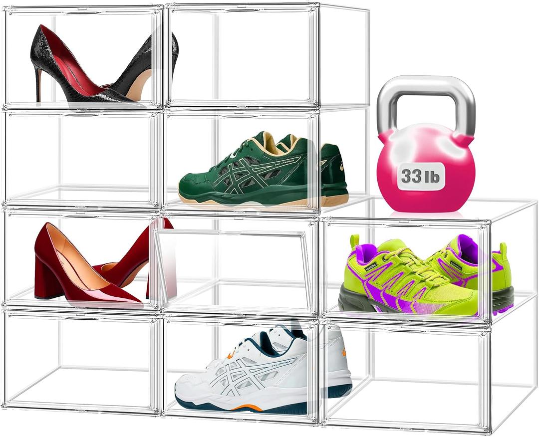 Clear Acrylic Shoe Storage Boxes 12 Pack, Size 14 Stackable Shoe Organizer with Magnetic Door, Space-Saving Sneaker Containers for Closet, Entryway, Transparent Display Case for Boots & Shoes
