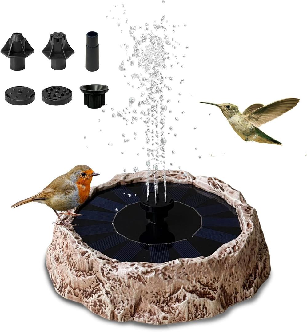 Upgrade Solar Fountain for Bird Bath Granite Rock Solar Water Fountain Pump with 6 Nozzles for Hummingbird Birdbath Lawn Fish Tank and Aquariums, High Efficiency & Anti-Clogging