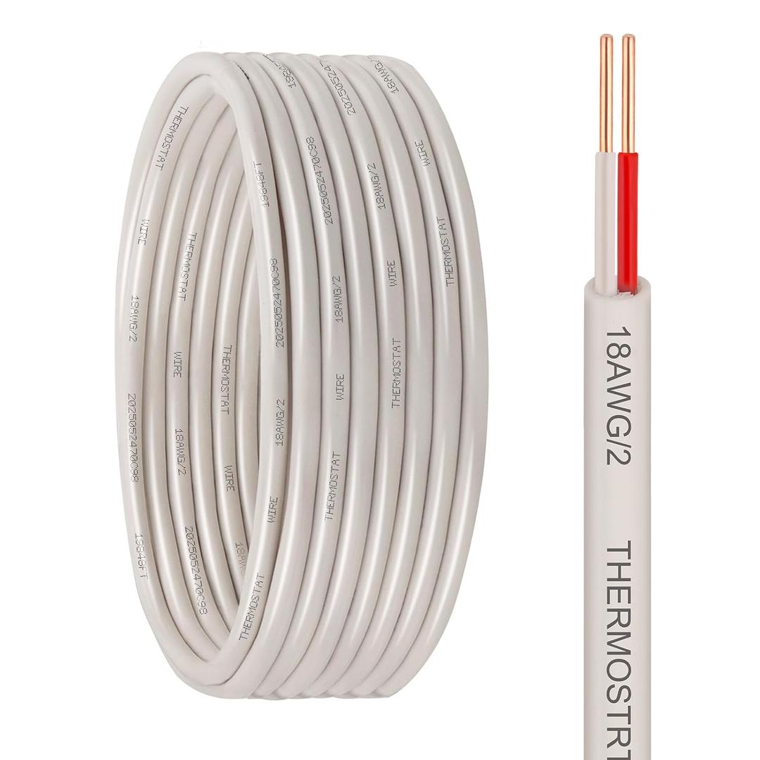 Thermostat Wire - 18/2 10FT Solid Copper 18AWG 2 Conductor Power Circuit Cable for Heating & air Conditioning Equipment, doorbells and Other Indoor/Outdoor Low Voltage Applications Use(White)