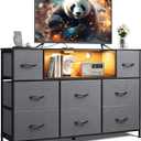 WLIVE Grey Dresser TV Stand for 45, 50, 55 inch TV, Entertainment Center with LED Lights & Charging Station, Chest of Drawers with 8 Fabric Drawers and Open Storage Shelves for Living Room, Hallway (Dark Gray)