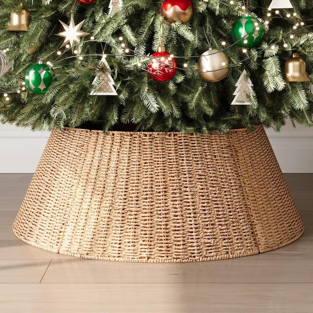 4-Piece Rattan Christmas Tree Collar, 26" Handmade Woven Christmas Tree Ring, Xmas Tree Base Cover, Holiday Tree Skirt Accessory for Home, Living Room (Pure Natural)