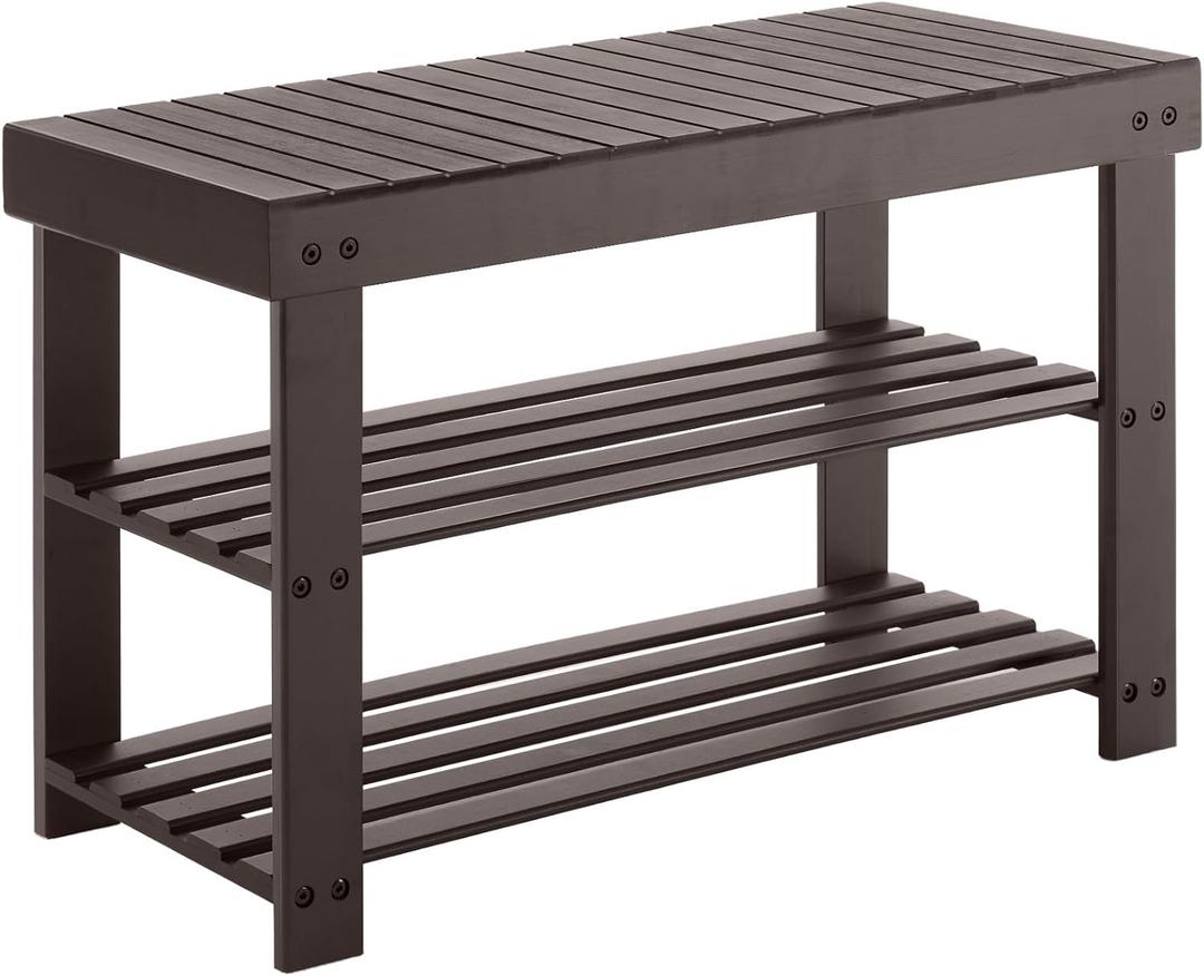 Sweetcrispy 3-Tier Shoe Rack Bench, Bamboo Entryway Storage Organizer, Shoes Stand for FrontDoor Entrance, Bedroom, Living Room, 286lb Capacity, 11.3 x 27.6 x 17.8 Inches, Chestnut