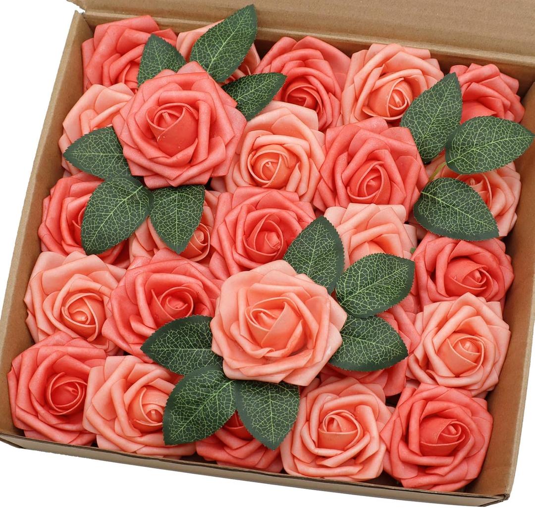 Artificial Flowers 25PCS Real Looking Mixed Living Coral Fake Roses with Stem for DIY Wedding Bouquets Centerpieces Baby Shower Party Home Decorations