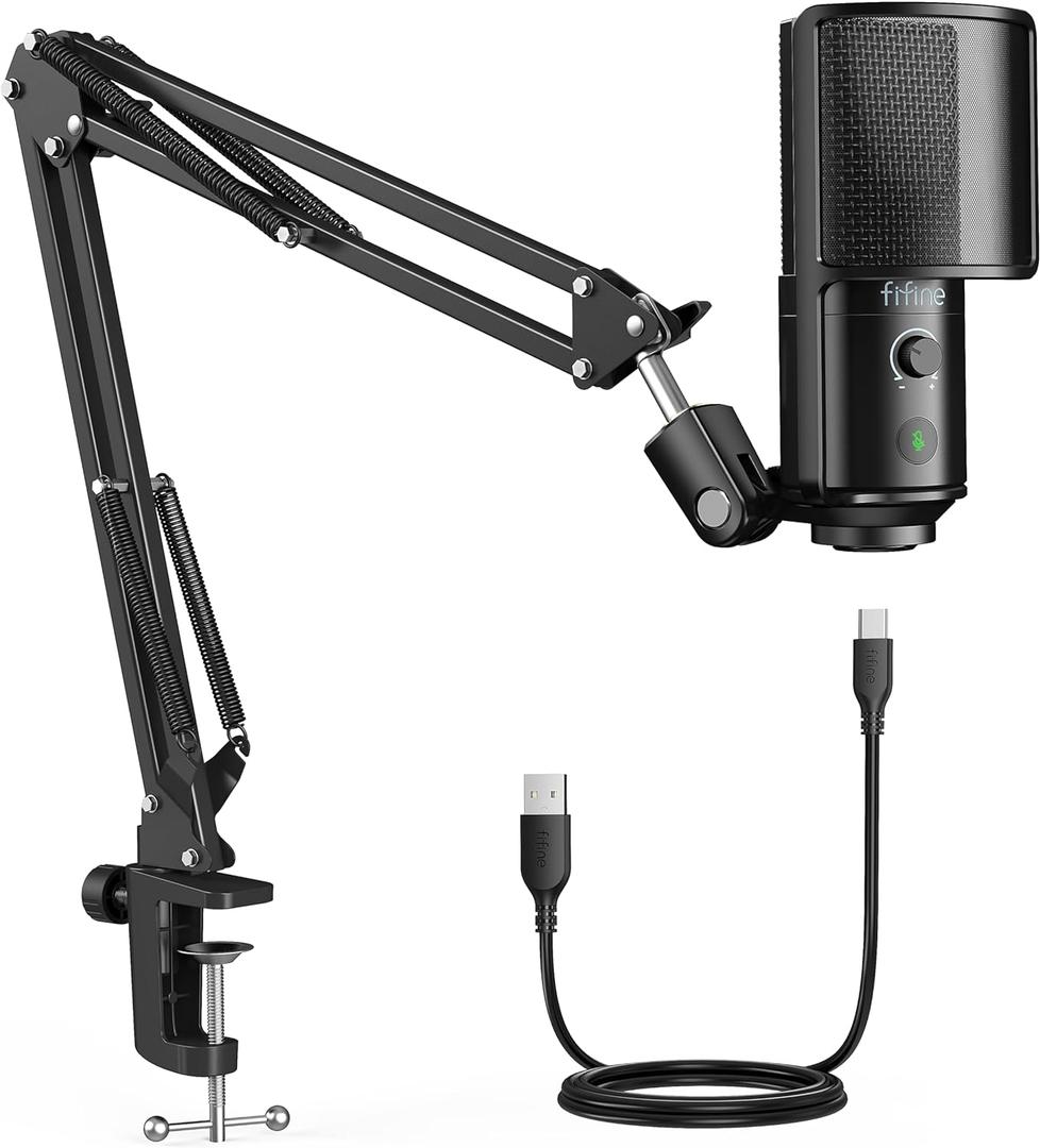 FIFINE USB Podcast Microphone, PC Computer Condenser Microphone Plug & Play Mic Kit with Boom Arm Stand, 16MM Large Diaphragm, Mute Button for Recording Singing Streaming YouTube Gaming-T669PRO1