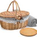 Picnic Basket with Blankets and Bamboo Plates Picnic Supplies Set Basket with Lid and Handle Wicker Picnic Basket Sturdy Woven Body with Washable Lining for Camping(Grey)
