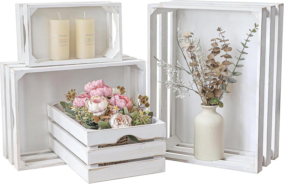 Set of 4 Large Wooden Decorative Storage Crates, Whitewashed Nesting Wooden Crates for Display, Rustic, Farmhouse Wood Storage Container Boxes Made from 100% Wood