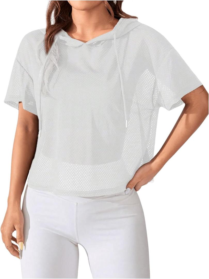 SweatyRocks Women's Short Sleeve Fishnet Hoodies Hollow Out Sports Workout Tops (Medium, White)