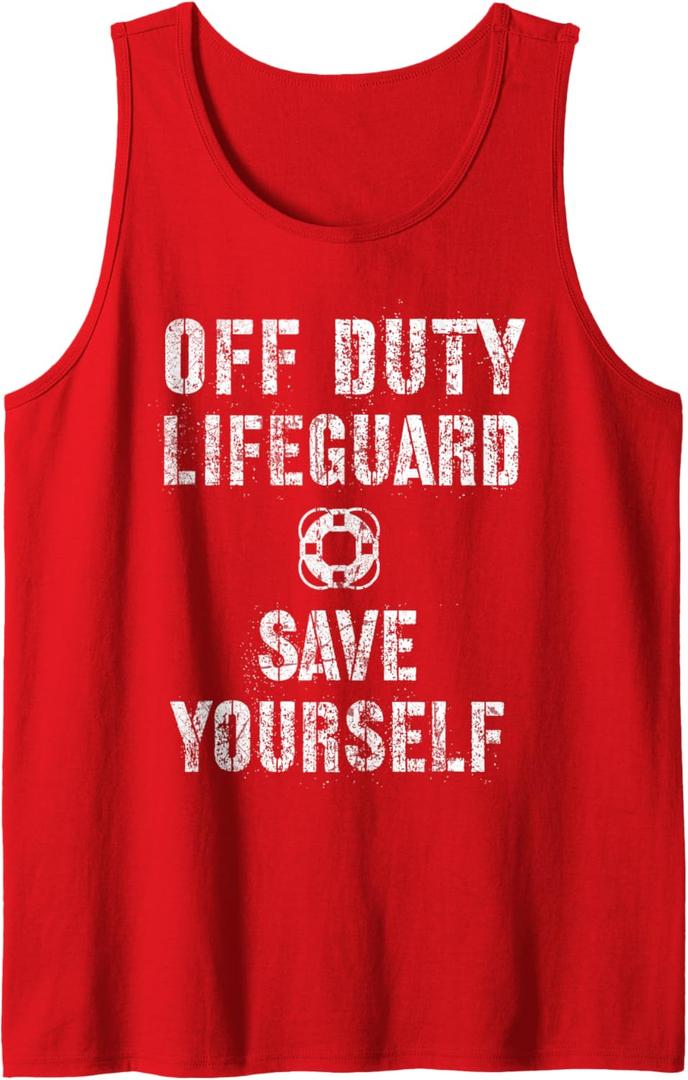 Funny OFF DUTY SAVE YOURSELF Lifeguard Swimming Pool Beach Tank Top (Small, Red)