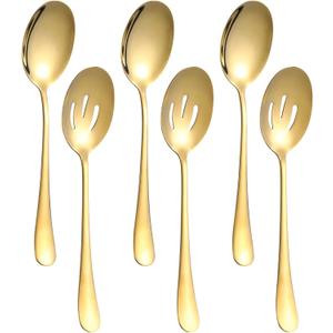 6 Pieces Serving Spoons Set, 8.7 Inch Serving Spoon, Includes 3 Server Spoon and 3 Slotted Spoons, Stainless Steel Buffet Banquet Large Utensils Cutlery Set for Kitchen, Gold