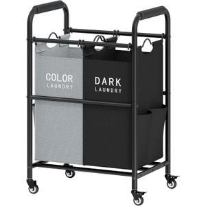 Tajsoon 2 Bag Laundry Sorter Cart, Laundry Hamper Sorter Basket with Heavy Duty Lockable Rolling Wheels for Clothes Storage, Black & Grey