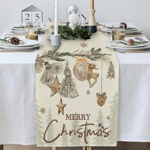 Christmas Table Runner 33x183cm, Xmas Table Decorations with Trees Deer Bells Snowflake, Gold & Silver Table Runner for Dining Room Kitchen Holiday Party, Christmas Table Decor Winter