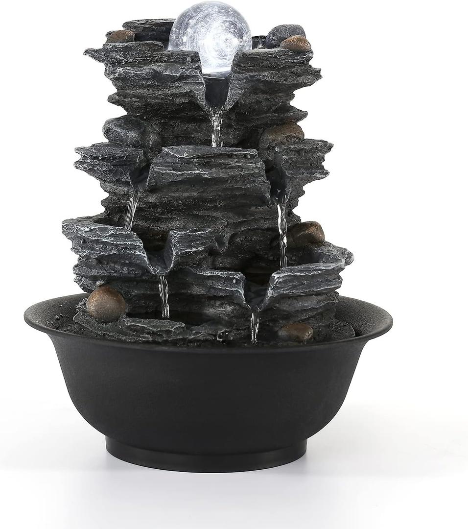 Dyna-Living Tabletop Water Fountain Indoor Waterfalls Fountains with White LED Light Decorative Feng Shui Tabletop Fountain with Quiet Pump and Spinning Ball, Desktop Waterfall Fountain for Home Decor