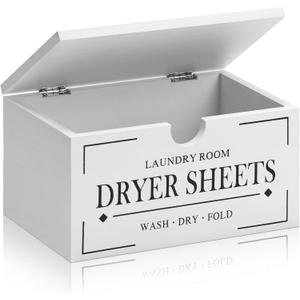 HouseJoy Dryer Sheet Holder-White Dryer Sheet Container with Lid,Rustic Farmhouse Wooden Dryer Sheet Dispenser for Fabric Softener Sheets,Laundry Room Decor Organization/Storage
