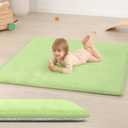 Huloo Sleep Baby Play Mat for Floor,1.3"Thick ElastiFoam 50x50 Playpen Mat for Toddlers Infant kids,WaterRepellent Soft Velvet for Tummy Time,NonSlip Backing for Crawling,Tatami Style(Light Green)