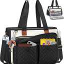 RAINSMORE Teacher Tote Bag for Women Work Bags 15.6 Inch Laptop Tote Bag with Large Cup Holder Nurse Bag Computer Handbag (Black and White)