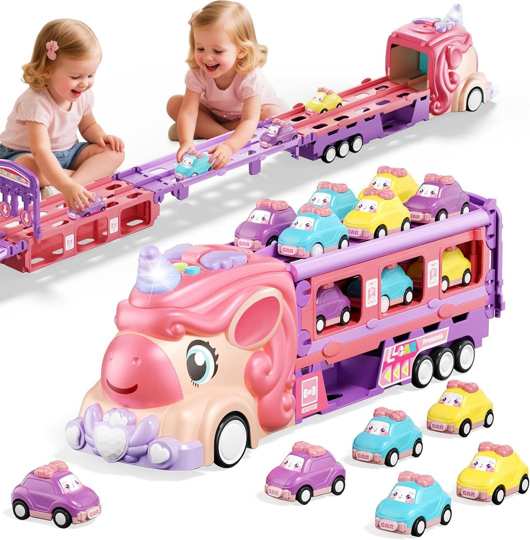Unicorn Truck Car Toys for 2 3 4 5 6 7 Year Old Toddler Girl with Foldable Race Track Light&Sound 9 Princess Car for Girl Birthday Gift
