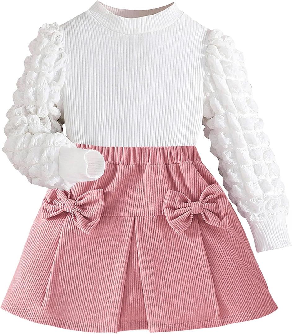 Toddler Girls Clothes Sets: Puff Sleeve Tops Plaid Mini Skirts Skirt Set 2 Piece Fall Winter Outfits 2-8 Years (Pink)