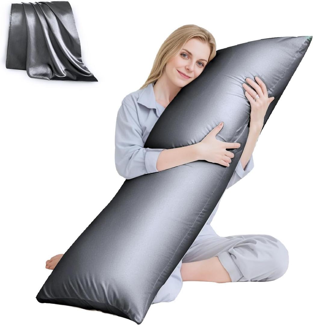 HUXMEYSON Body Pillow with Satin Pillowcase, Body Pillow for Adults, Removable Cover, Grey (20"x54")