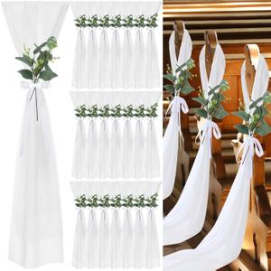VitalCozy 24 Set Wedding Chair Decoration Ceremony Chiffon Chair Sashes Cover with Ribbon and Artificial Eucalyptus Leaves Stems Greenery Church Pew Tulle Bows for Wedding Bride Shower Aisle Decor