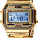 PASOY Men's Digital Gold Stainless Steel Watch Backlit Multifunction Stopwatch Waterproof Sport Watches