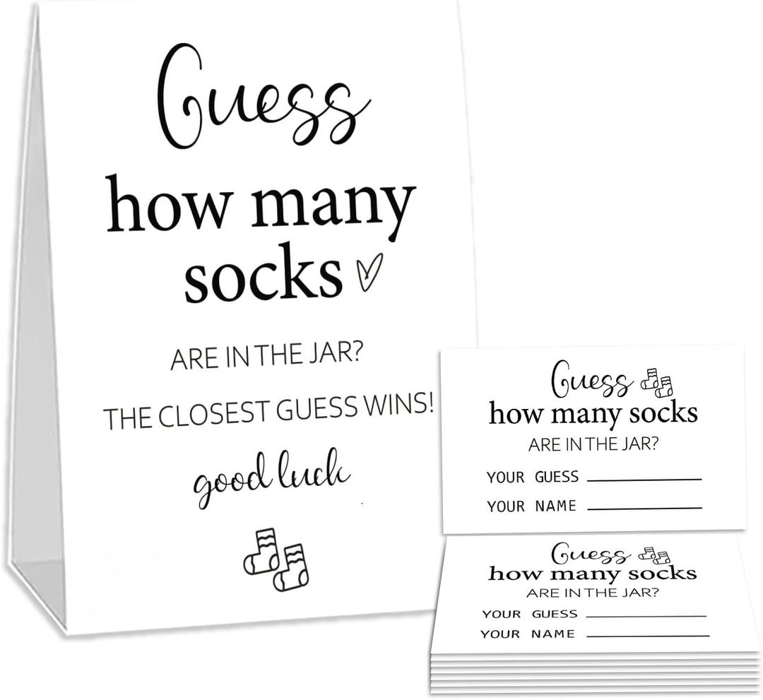 Minimalism How Many Socks Game, Pack 1 Standing Sign + 50 Cards, Baby Shower Games, Neutral Baby Shower Decoration(cwz01)