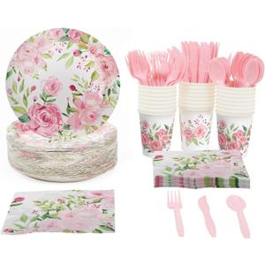 BLUE PANDA 144 Piece Vintage Style Tea Party Supplies, Includes Disposable Floral Paper Plates, Napkins, Cups, & Cutlery, For Baby Showers, Weddings, Garden Party & More - Serves 24