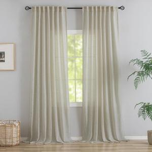 Primitive Linen Curtains 102 inches Long 2 Panels for Living Room- 8.5 FT Extra Long Back Tab Hooks Belt Pinch Pleated Curtains,Semi Sheer Linen Drapes Ceiling to Floor for Large Window,Tan Beige