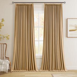 Camel 100% Blackout Pinch Pleated Linen Curtains 96 Inch Length 2 Panels Neutral Flax Light Blocking Drapes with Pinch Pleat Hooks for Living Room Thermal Insulated Soundproof Room Darkening Curtain