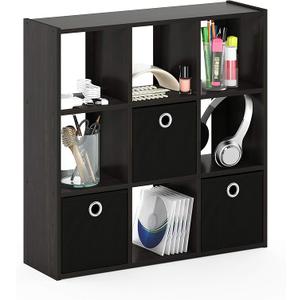 Furinno Simplistic 9-Cube Organizer with Bins, Small Size (Assembled unit dimensions : 7.9"D x 26.5"W x 26.7"H inches), Espresso/Black