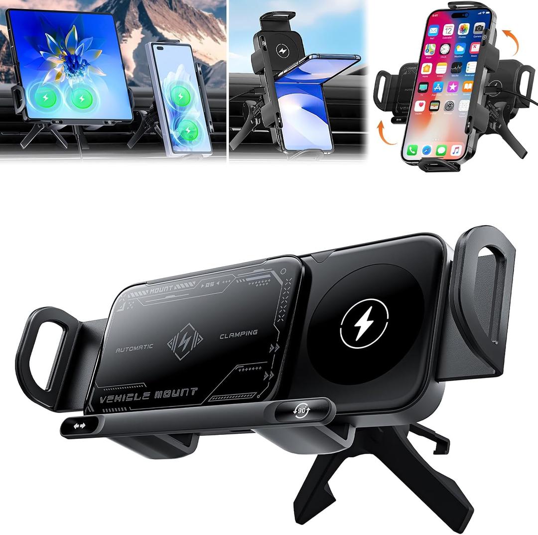 High Intelligent Mobile Phone/Pad Holder,2 in 1 Auto Rotating Phone Holder, Car Charger Fast Charging Cell Phone Holder, One-Touch Rotatable Car Vent Phone Mount for Smartphone/Pad/Foldable Phone(Black)