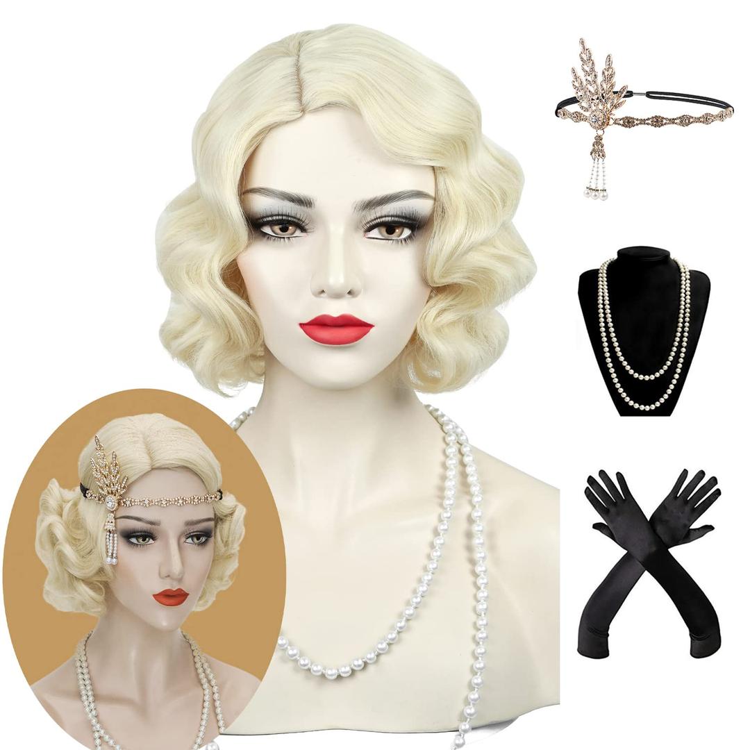 Finger Wave Wig - Women's Blonde Flapper 1920s Vintage Short Curly Wig for Halloween Party Cosplay Costume + Accessories
