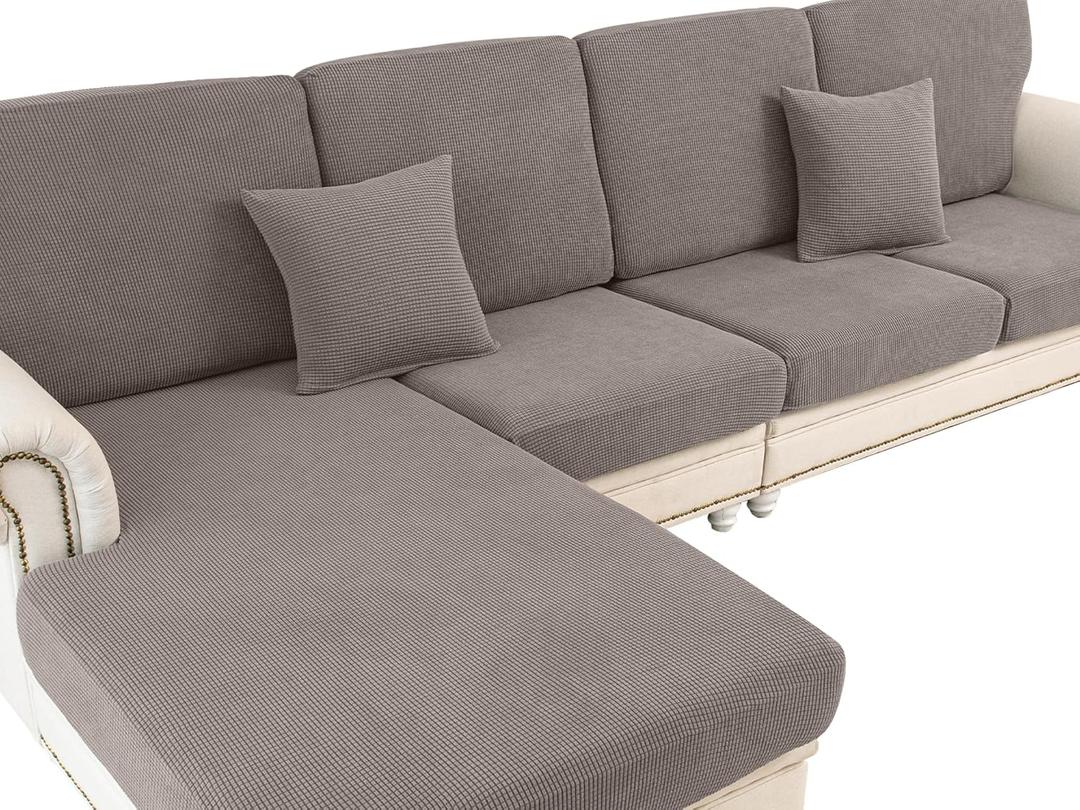 LA MEACK Couch Cushion Covers for Sectional Sofa L Shape Washable Separate Seat Chaise Couch Cover Stretch Sofa Slipcovers with 2 Pcs Pillowcases (3 Seater + 1 Chaise, Taupe)