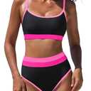 popvil Neon Two Piece Swimsuit for Women 2026 High Waisted Bikini Sets Sporty Ribbed Full Coverage Cheeky Color Block Bathing Suit Ladies Summer (Black, Small)