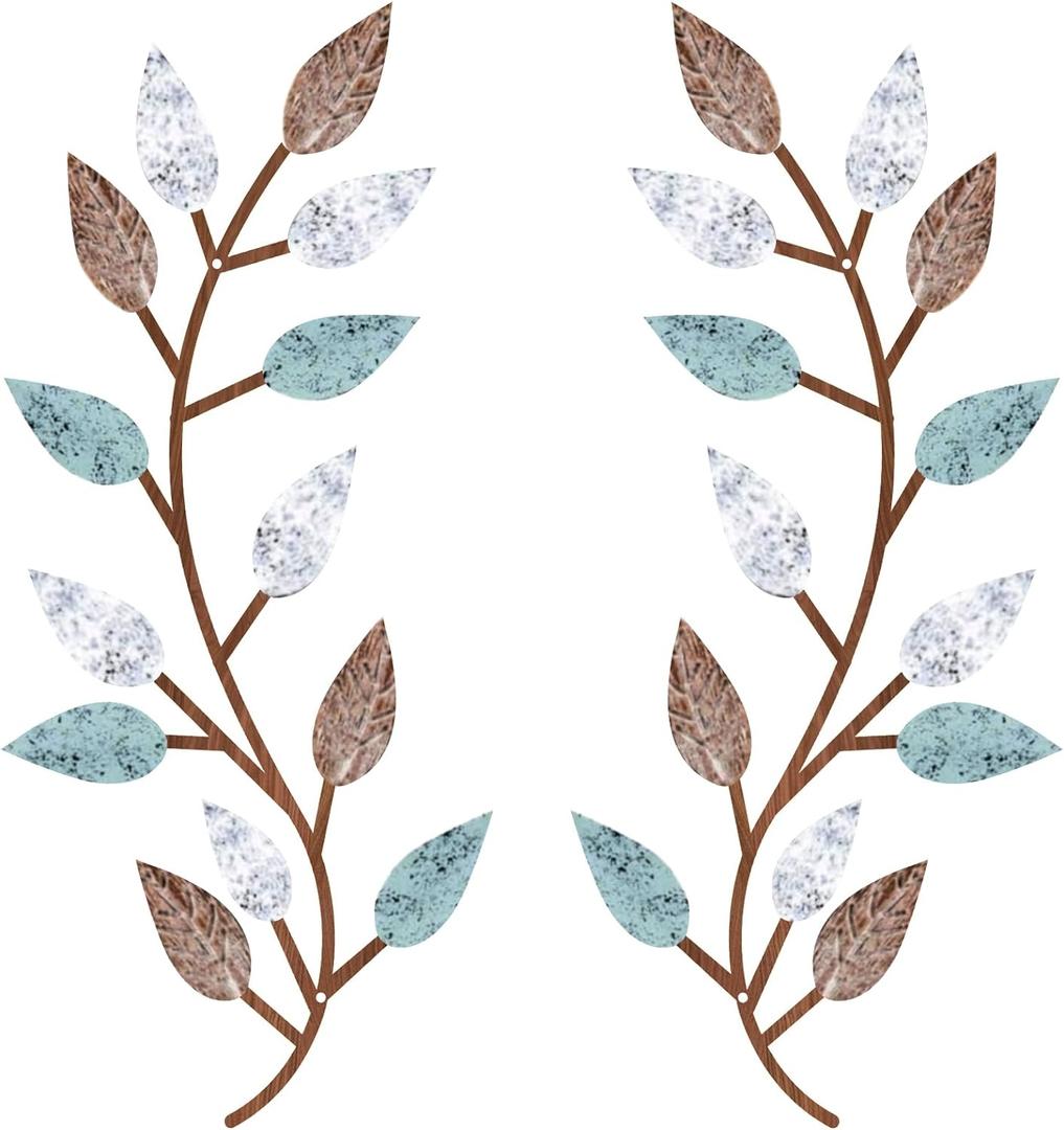 Zhengmy 2 Pieces Metal Tree Leaf Wall Decor Vine Olive Branch Leaf Wall Art Living Room, Hallway Wall Decor Outdoor Decoration, (Blue Brown Colors)