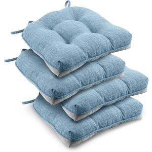 Downluxe Indoor Chair Cushions for Dining Chairs, Tufted Overstuffed Textured Kitchen Chair Pads with Ties and Non-Slip Backing, 15.5" x 15.5" x 4", Light Blue, 4 Pack