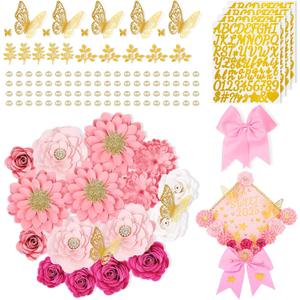 Paper Flowers for Graduation Cap Decoration Kit, Small Roses Flores for Crafts, 3D Flores for Shadow Box Projects (Gradient Pink)