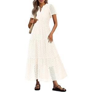 PRETTYGARDEN Womens 2025 Summer Maxi Dress Short Sleeve V Neck Hollow Out Eyelet A Line Long Flowy Beach Vacation Dresses (White)