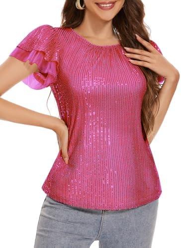 Women Casual Sequin Tops Party Night Ruffle Sleeve Loose Sparkly Blouses Tops Rose Red, XL