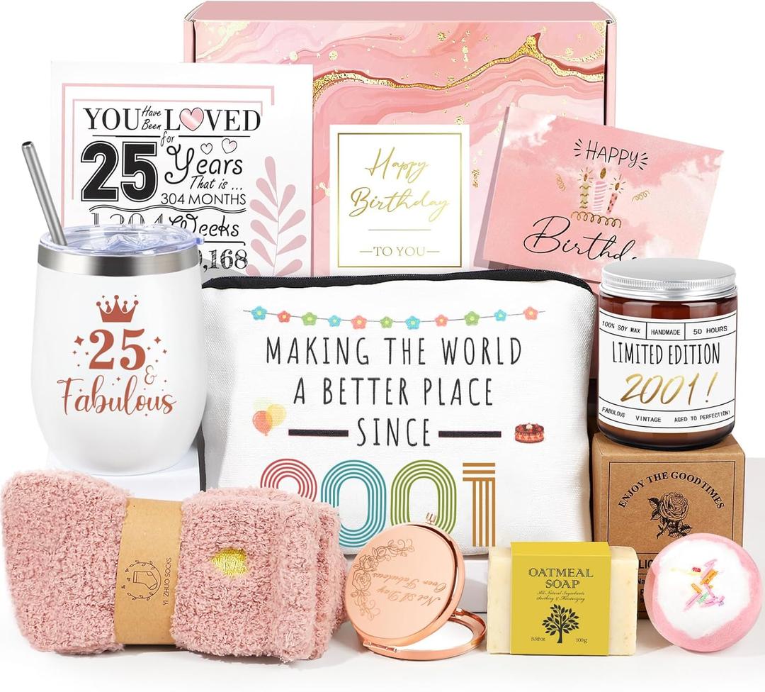 25th Birthday Gifts for Women, 25th Birthday Gift Ideas, 25th Birthday Gifts for Her, 9PCS Gifts Baskets for 25 Year Old Woman, Best Friend, Daughter, Sister, 2001 Birthday Gifts, 25 Fabulous Gift