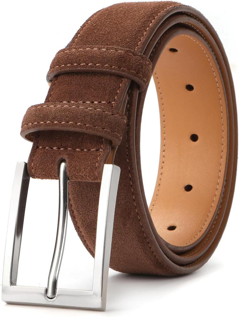 Men's Genuine Leather Suede Belts Casual Dress Belt 1 3/8" Wide (Brown)